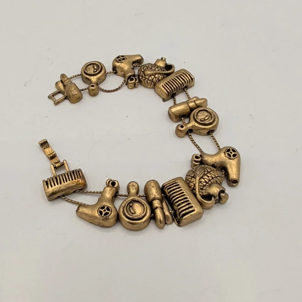 Vintage Gold Tone Hairdresser Salon Stylist Charm Bracelet Comb Mirror Dryer‎